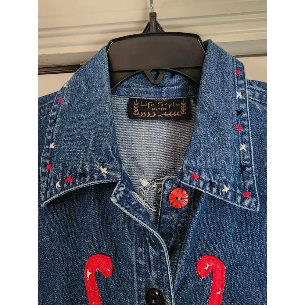 Vintage Life Style Petite PP Patriotic Cat Embroidered Denim Jacket USA Novelty - Picture 2 of 8